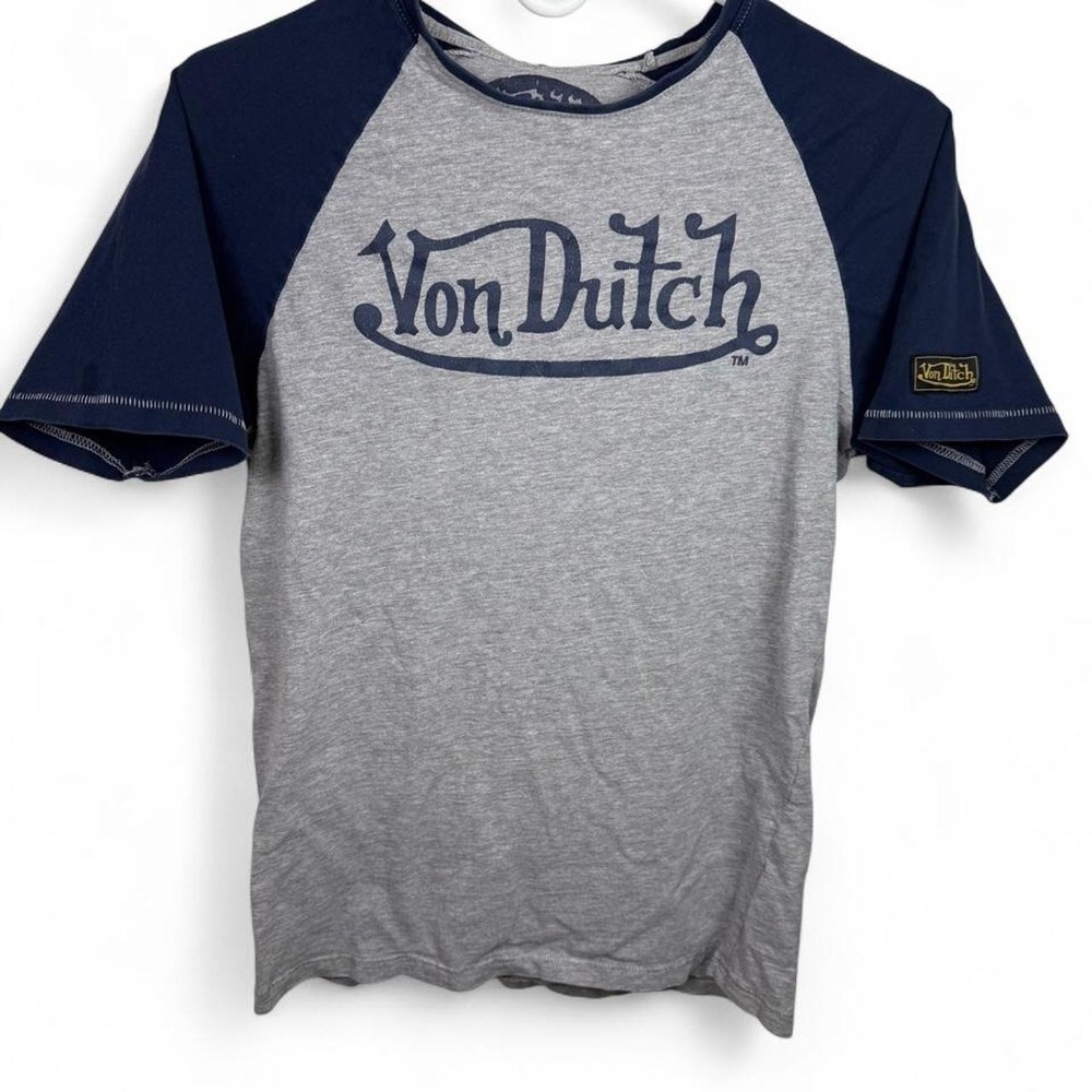 Von Dutch Y2K Raglan T Shirt Gray Navy Logo Graphic Tee Womens Medium
